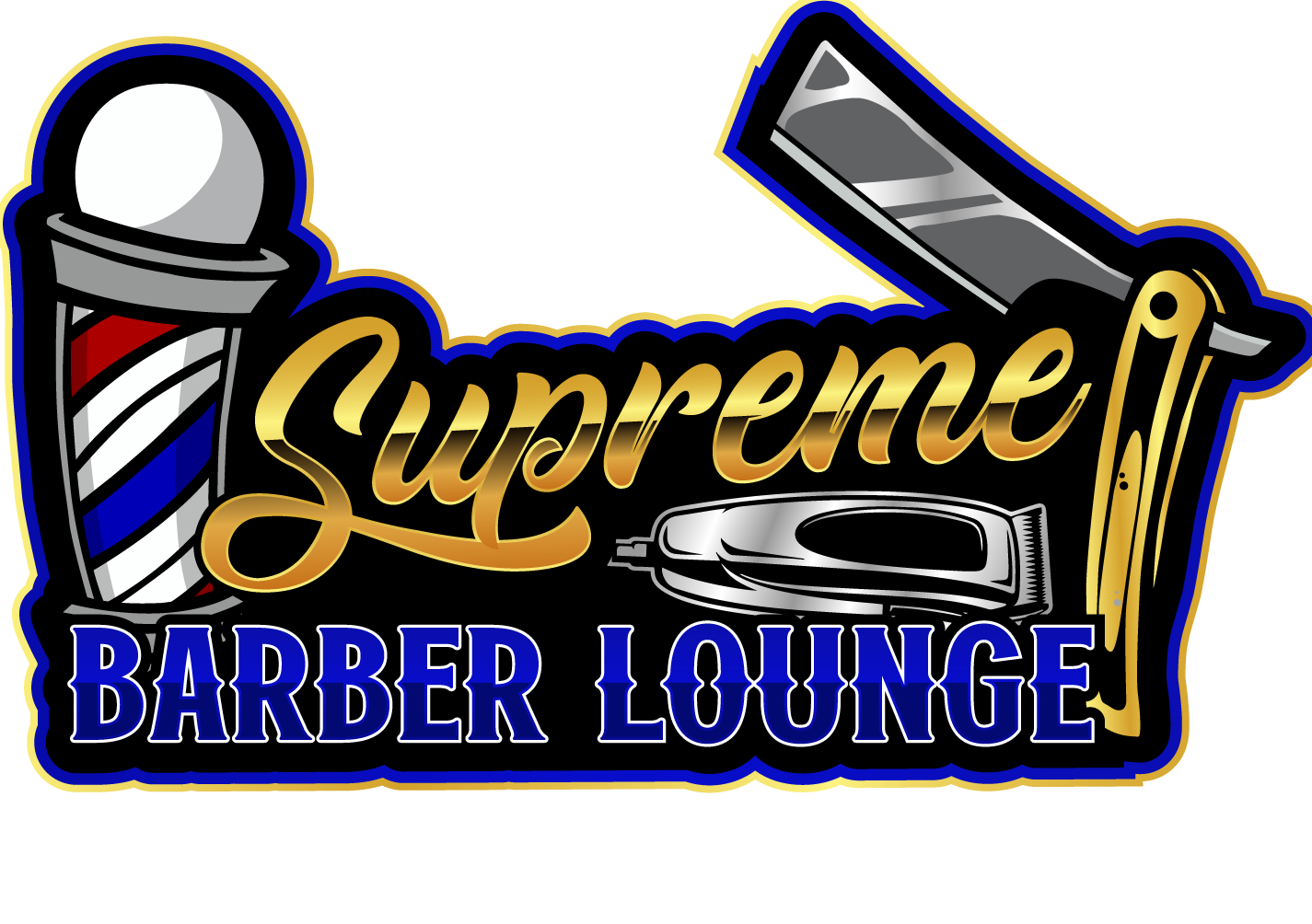 Icon for Supreme Barber Lounge, featuring a sleek and modern barber pole combined with a lounge aesthetic. The design includes refined elements that represent luxury and comfort, capturing the essence of a premium barbershop experience in a family-friendly environment.